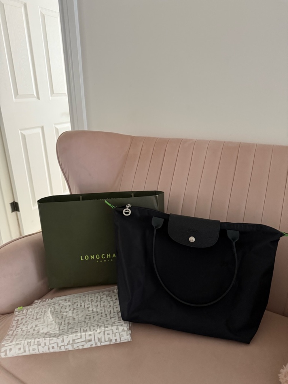 Longchamp Le Pliage large Tote with Green Accents